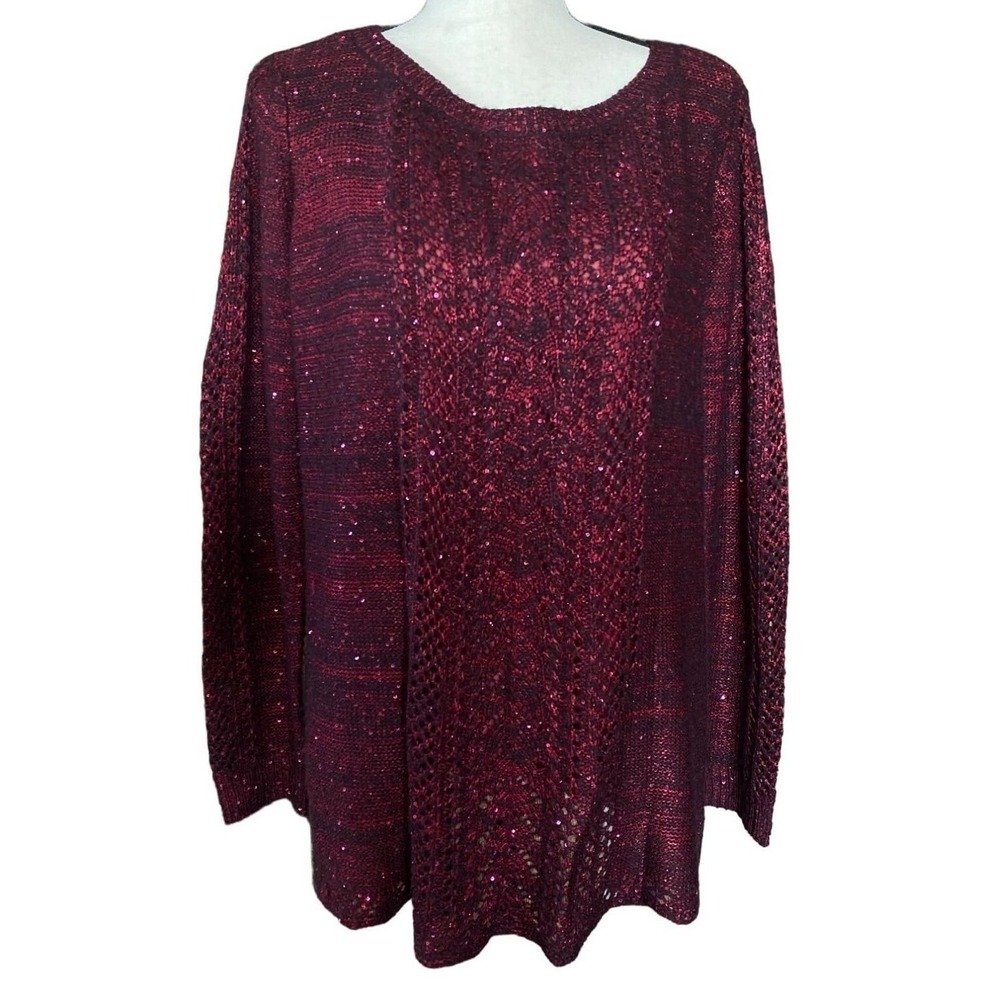 Burgundy woven metallic strands boat neck‎ long sleeves loose sweater women XL